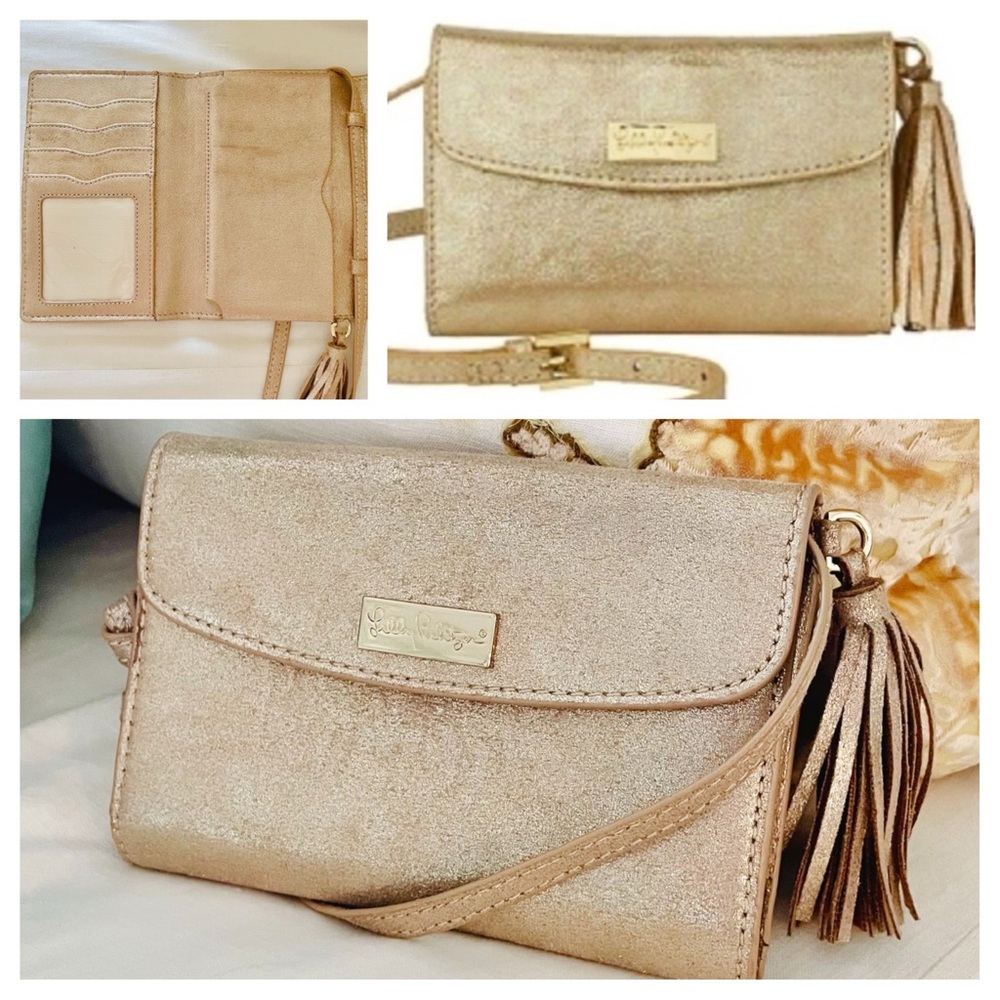 Lilly Pulitzer collab  Bahama Crossbody Wallet Gold Metallic suede w/Tassel